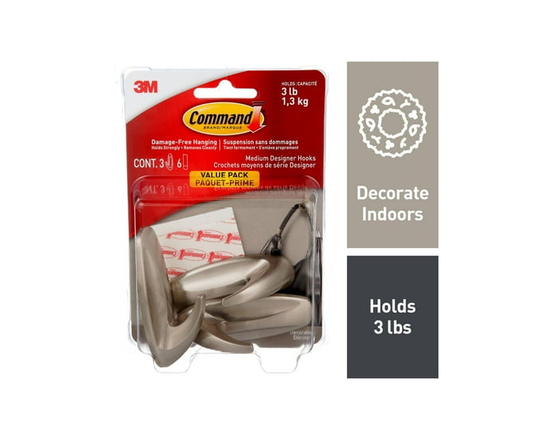 Command™ Designer Hook 17081BN-3EF, Brushed Nickel, Medium - M