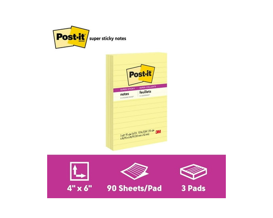 Feuillets super collants 660-3SSCY-C Post-it®, jaune canari - 4 po  x 6 po