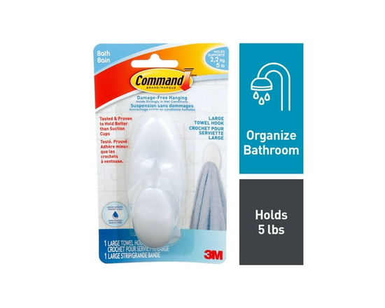 Command™ Bath Towel Hook BATH17-EF, Large, Frosted, 5 lb (2.3 kg), 1 Hook, 1 Water-Resistant Strip - L