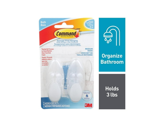 Command™ Bath Hooks BATH18-EF, Medium, Frosted, 3 lb (1.4 kg), 2 Hooks, 2 Water-Resistant Strips - M