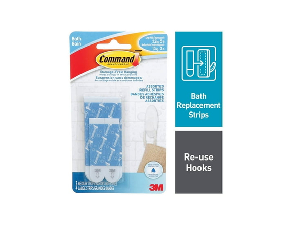 Command® Bath Refill Strips BATH22-EF, Assorted, Blue, Water-Resistant, 2 Medium Strips, 4 Large Strips