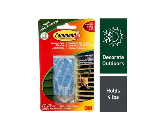Crochet extérieur transparent pour fenêtres 17093CLR-AWC Command(MC), grand, 1,8 kg (4 lb), 1 crochet, 2 bandes transparentes toutes saisons - Grande