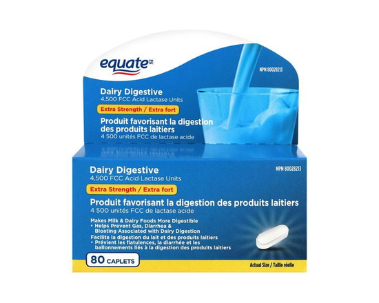 Produit favorisant la digestion des produits laitiers, 4500 unites FCC de lactase acide Equate