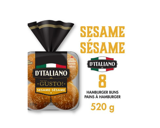 D'Italiano with Gusto!™ Sesame Hamburger Buns, No Artificial Flavours or Colours, 8 Count, 520 g