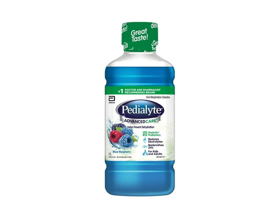 Pedialyte AdvancedCare, Liquid Electrolyte Solution, Blue Raspberry, 1L Bottle, Electrolyte Replacement Oral Rehydration Solution - 1 L