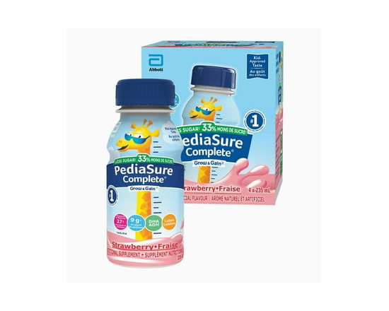 PediaSure Complete® Reduced Sugar, Nutritional Supplement, Strawberry, 4x235 mL Ready to Feed Bottles - 235 mL
