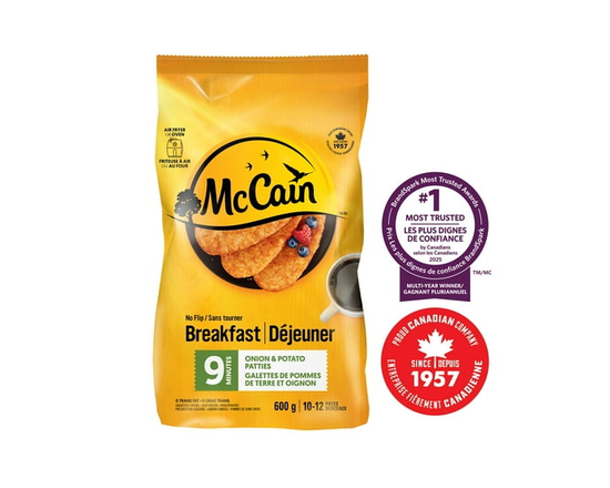 McCain® 9 Minutes No Flip Onion & Potato Frozen Breakfast Patties, Made in Canada from domestic and imported ingredients, 600g - 600 g