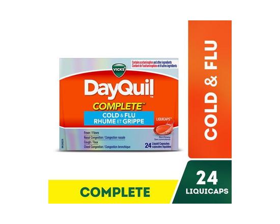 Vicks DayQuil COMPLETE Cold and Flu Medicine, 24 LiquiCaps, Daytime, Non-Drowsy relief for Cough, Fever, Sore Throat Pain, Sinus congestion, Sinus Pai