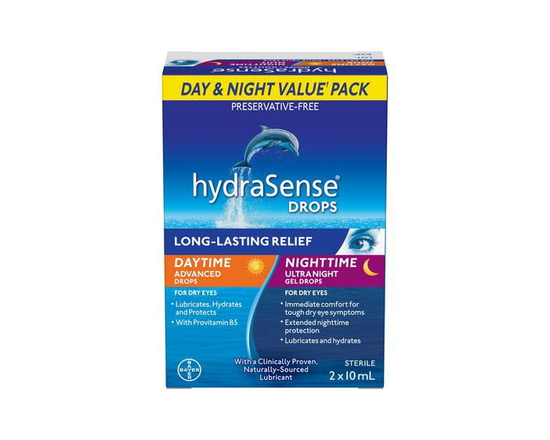 Gouttes oculaires hydraSense Soins de jour et de nuit, pour yeux secs, sans agent de conservation, lubrifiant de source naturelle