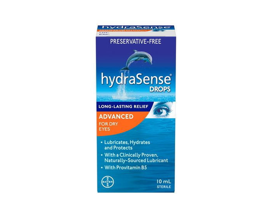 Gouttes oculaires hydraSense Formule avancée, pour yeux secs, sans agent de conservation, lubrifiant de source naturelle, avec provitamine B5