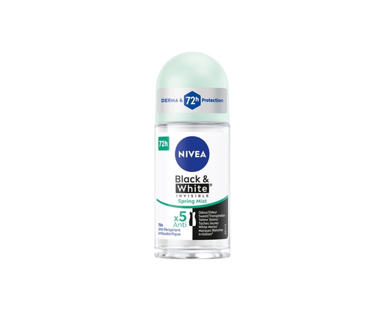 NIVEA Black & White Invisible Roll-On 72-Hr Antiperspirant Deodorant, Spring Mist, 50mL - 50 mL