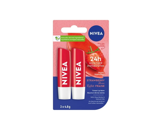 NIVEA Strawberry Shine Tinted Caring 24H Moisture Lip Balm Sticks, 2 x 4.8g pack - 2 x 4.8g