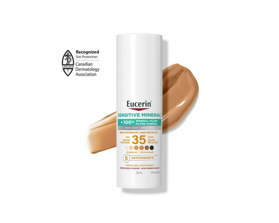 Eucerin Sun Tinted Mineral Face Sunscreen Lotion with SPF 35, 50 mL Blendable Tinted Sunscreen for face for all skin tones with Zinc Oxide and 5 Ant