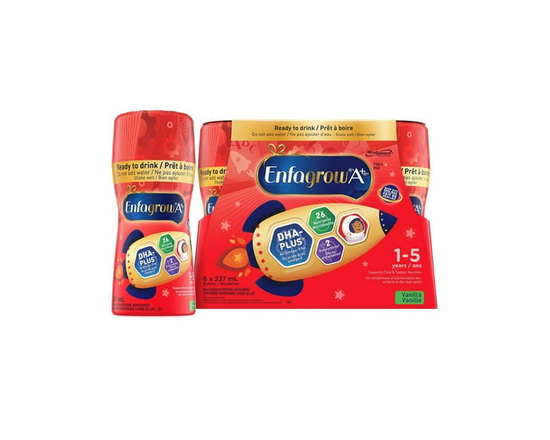 Enfagrow A+, 26 Nutriments Y Compris le DHA Favorisant le Développement du Cerveau, un type de Gras Oméga-3, Saveur Vanille, Âges 1-5, 6x237mL Boisson