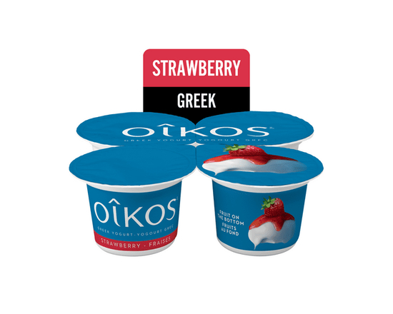 Oikos Greek Yogurt, Strawberry, Fruit on the Bottom, 2% M.F, 4x100g - 5.3 oz