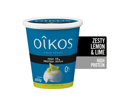 Oikos Greek Yogurt, Zesty Lemon & Lime, High Protein, Blended, 0% M.F. - 650 g