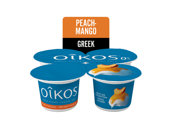 Oikos Greek Yogurt, Peach-Mango, Fruit on the Bottom, 0% M.F, 4x100g - 100g