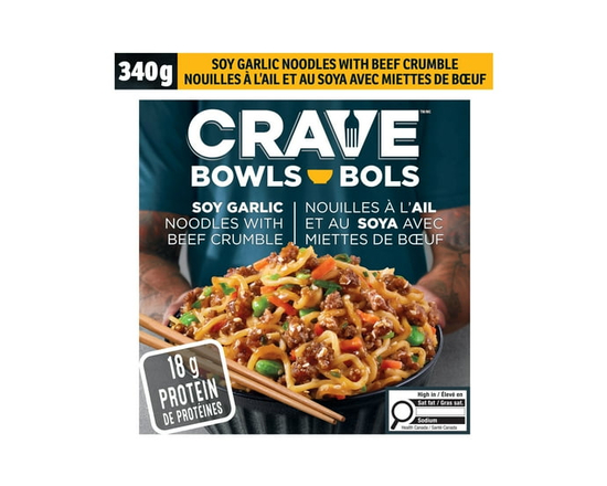 CRAVE Soy Garlic Noodles with Beef Crumble Noodle Bowl, 340 g Box - 340G