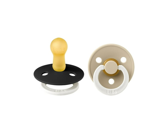 BIBS Pacifiers Natural Rubber Baby Pacifier Set of 2 BPA-Free Soothers Made in Denmark Black GLOW/Vanilla GLOW Size 6-18 Months