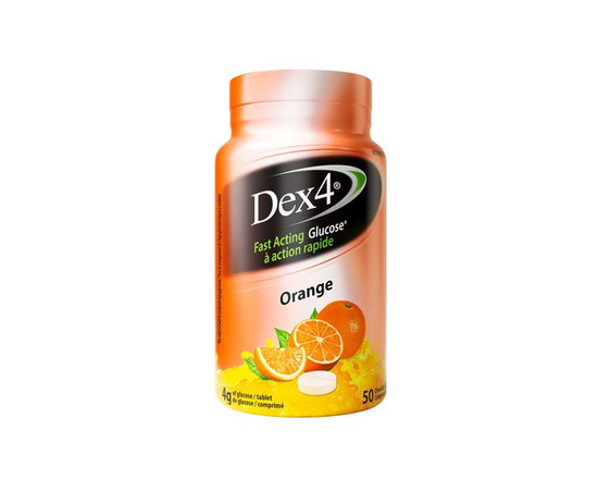 Dex4 Glucose Tablets – Orange Flavour – 50 Tablets per Bottle – Fast-Acting, Pre-Measured Glucose Tabs – Fat-Free, Gluten-Free, Sodium-Free