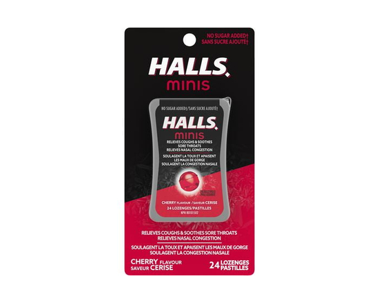 HALLS mini, sans sucre ajouté, pastilles à saveur de cerise, pastilles, apaisent le mal de gorge, mentho-lyptus