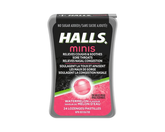 HALLS mini, sans sucre ajouté, pastilles à saveur de melon d’eau, pastilles, apaisent le mal de gorge, mentho-lyptus