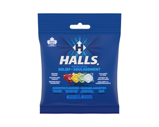 HALLS Assorted Flavours Cough Drops, Throat Lozenges, Sore Throat Relief, Mentho-Lyptus
