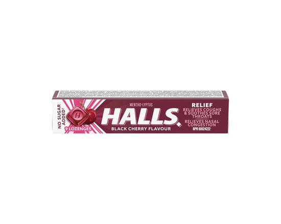 HALLS, pastilles sans sucre ajouté cerise noire, pastilles, apaisent le mal de gorge, mentho-lyptus