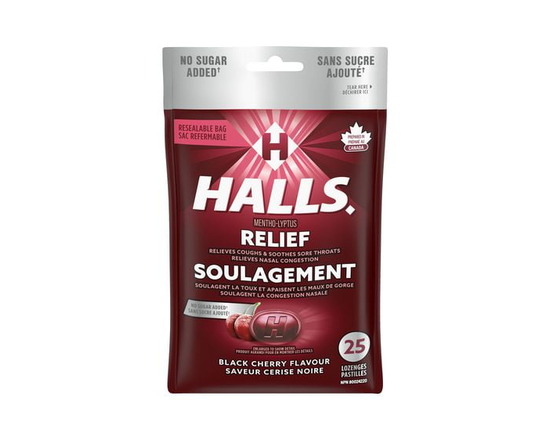 HALLS No Sugar Added, Black Cherry Flavour Cough Drops, Throat Lozenges, Sore Throat Relief, Mentho-Lyptus