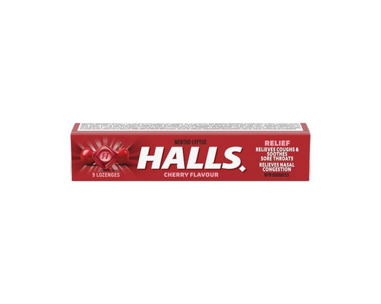 HALLS Cherry Flavour Cough Drops, Throat Lozenges, Sore Throat Relief, Mentho-Lyptus