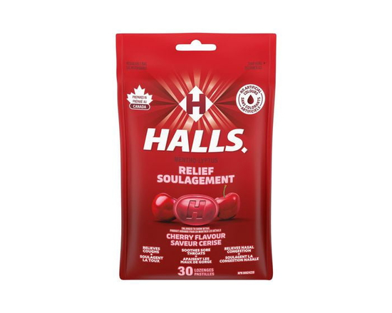 HALLS Cherry Flavour Cough Drops, Throat Lozenges, Sore Throat Relief, Mentho-Lyptus