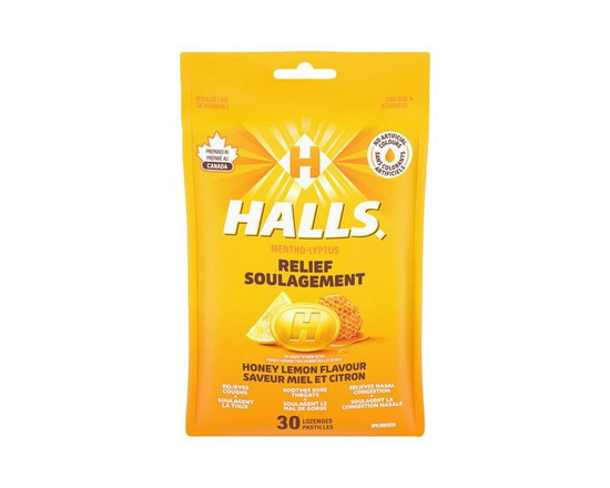 HALLS Honey Lemon Flavour Cough Drops, Throat Lozenges, Sore Throat Relief, Mentho-Lyptus