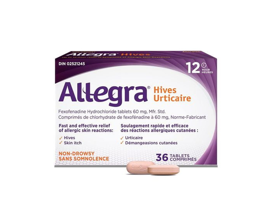 Allegra Hives, 12-Hour Itchy Skin Relief Due to Hives, Allergic Skin Reactions, Non-Drowsy Allergy Medication, 60 mg Fexofenadine Hydrochloride Antihi