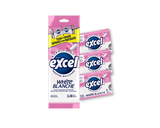 EXCEL White Bubblemint, Teeth Whitening Sugar Free Chewing Gum, 18 Pieces, 3 Packs - 3 Pack