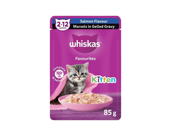 WHISKAS FAVOURITES Kitten Wet Morsels in Gelled Gravy Salmon Flavour Pouch Cat Food - Single serve;Not Applicable;85g;0-100g
