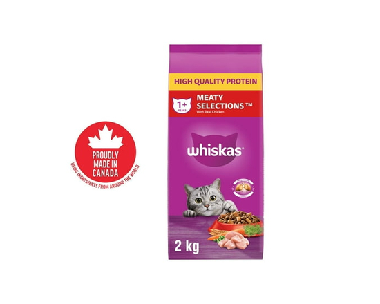 WHISKAS MEATY SELECTIONS Adult Dry Cat Food with Real Chicken, 9.1kg Bag - Small (0-2kg)