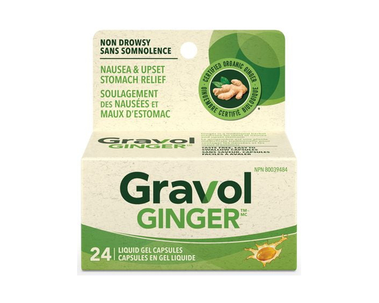 Gravol Ginger, Nausea and Upset Stomach Relief with Organic Ginger Extract, Non-Drowsy, Taste-Free and Easy to Swallow - 24 Liquid Gel Capsules