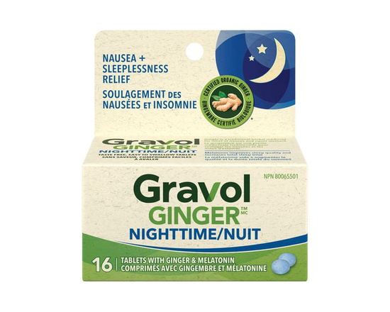 Gravol Ginger Nighttime Tablets with Melatonin - Nausea & Sleeplessness Relief, with 20 mg Organic Ginger Extract & 3 mg Melatonin