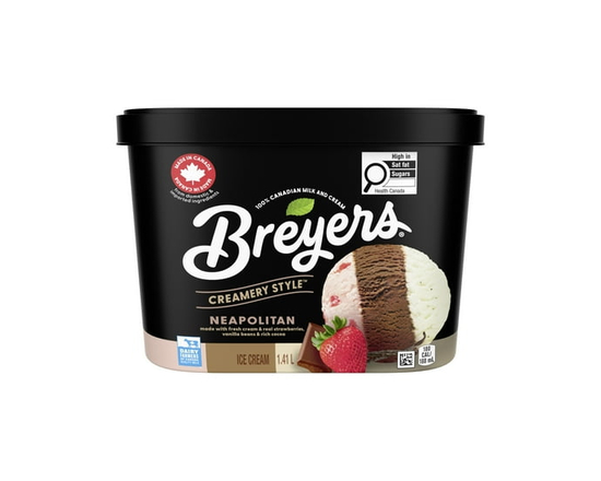 Breyers Creamery Style Ice Cream Made with Fresh Cream & Real Strawberries, Vanilla Beans & Rich Cocoa Neapolitan 100% Canadian Milk and Cream 1.41 L,