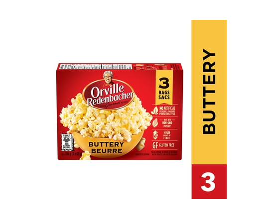 Orville Redenbacher Buttery Microwave Popcorn, 100% Whole Grain Popcorn, Non‑GMO Popcorn, Gluten Free, High Source of Fibre, 246 g (3 bags x 82 g) - 2