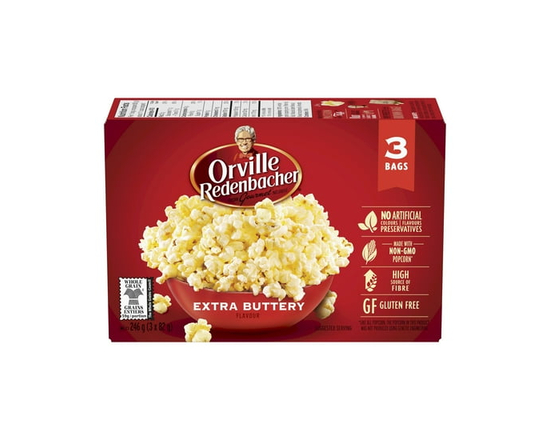 Orville Redenbacher Extra Buttery Microwave Popcorn, 100% Whole Grain Popcorn, Non‑GMO Popcorn, Gluten Free, High Source of Fibre, 246g (3 x 82 g) - 2