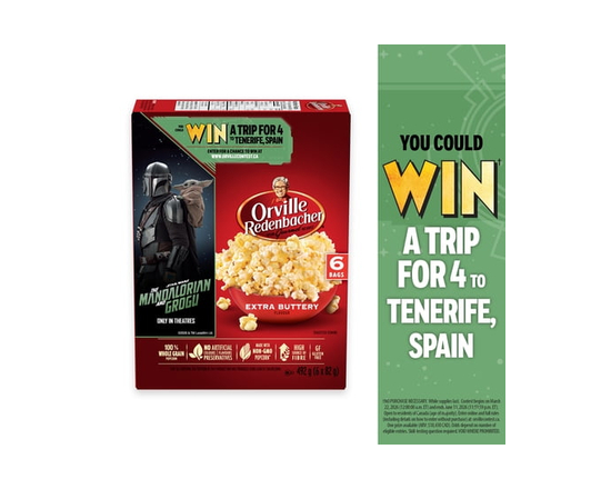 Orville Redenbacher Extra Buttery Microwave Popcorn, 100% Whole Grain Popcorn, Non‑GMO Popcorn, Gluten Free, High Source of Fibre, 492 g (6 bags x 82