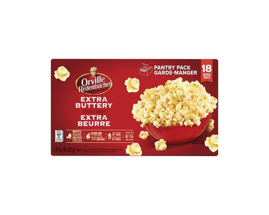 Orville Redenbacher Extra Buttery Microwave Popcorn, Extra Buttery Flavour, 100% Whole Grain, No Artificial Flavours, Source of Fibre, Gluten Free, 18