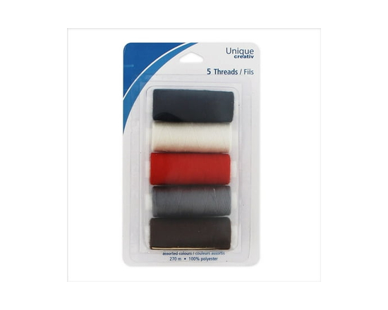 UNIQUE CREATIV Thread Set — Assorted Colours, 5 Spools, 270 m Each, 100% Polyester