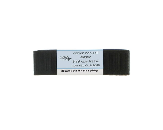 UNIQUE Non‑Roll Woven Elastic, 25 mm × 0.9 m, Black