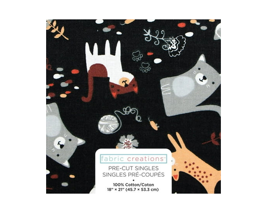 Fabric Creations Black with Cats and Flowers Fat Quarter Pre-Cut Fabric - 18" x 21" / 45cm x 53cm - 18" x 21"