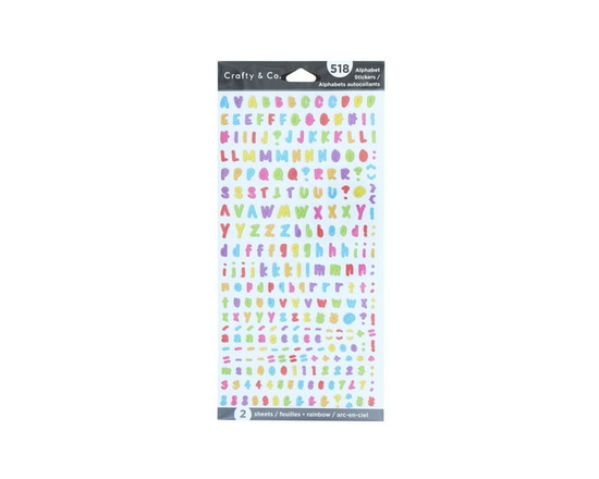 CRAFTY & CO. Alphabet Stickers Black, 518 pcs, 2 Sheets, Rainbow