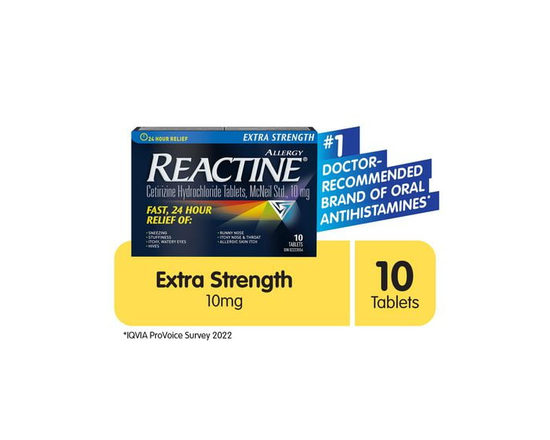 Reactine Extra Strength Antihistamine Tablets - 10mg Cetirizine Hydrochloride - 24 Hour Allergy Relief Medicine, 10 Count