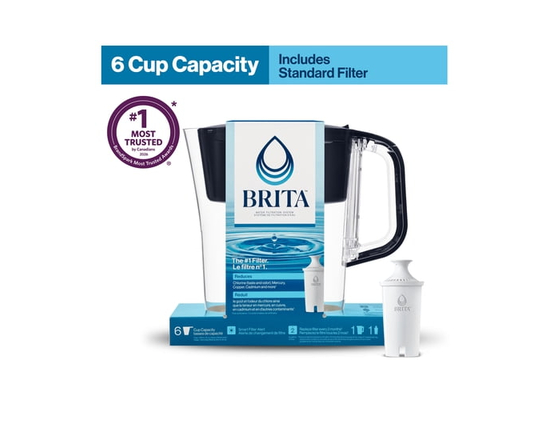 Brita Small 6 Cup Denali Water Filter Pitcher with 1 Brita Standard Filter, Made Without BPA, Black - 6