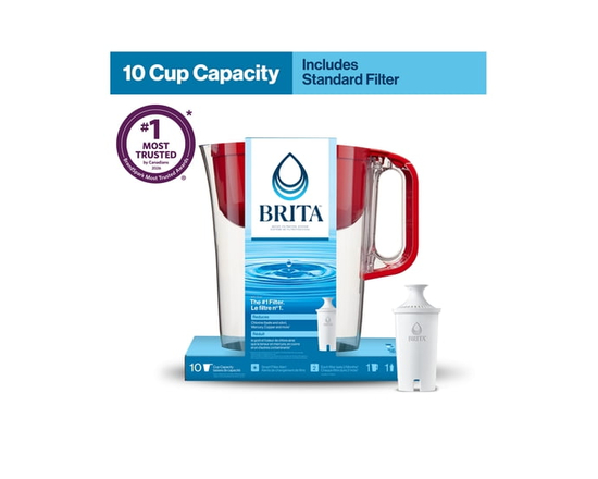Brita 10 Cup Filter Pitcher with Brita Standard Filter, Made Without BPA, Huron, White - L (Red)